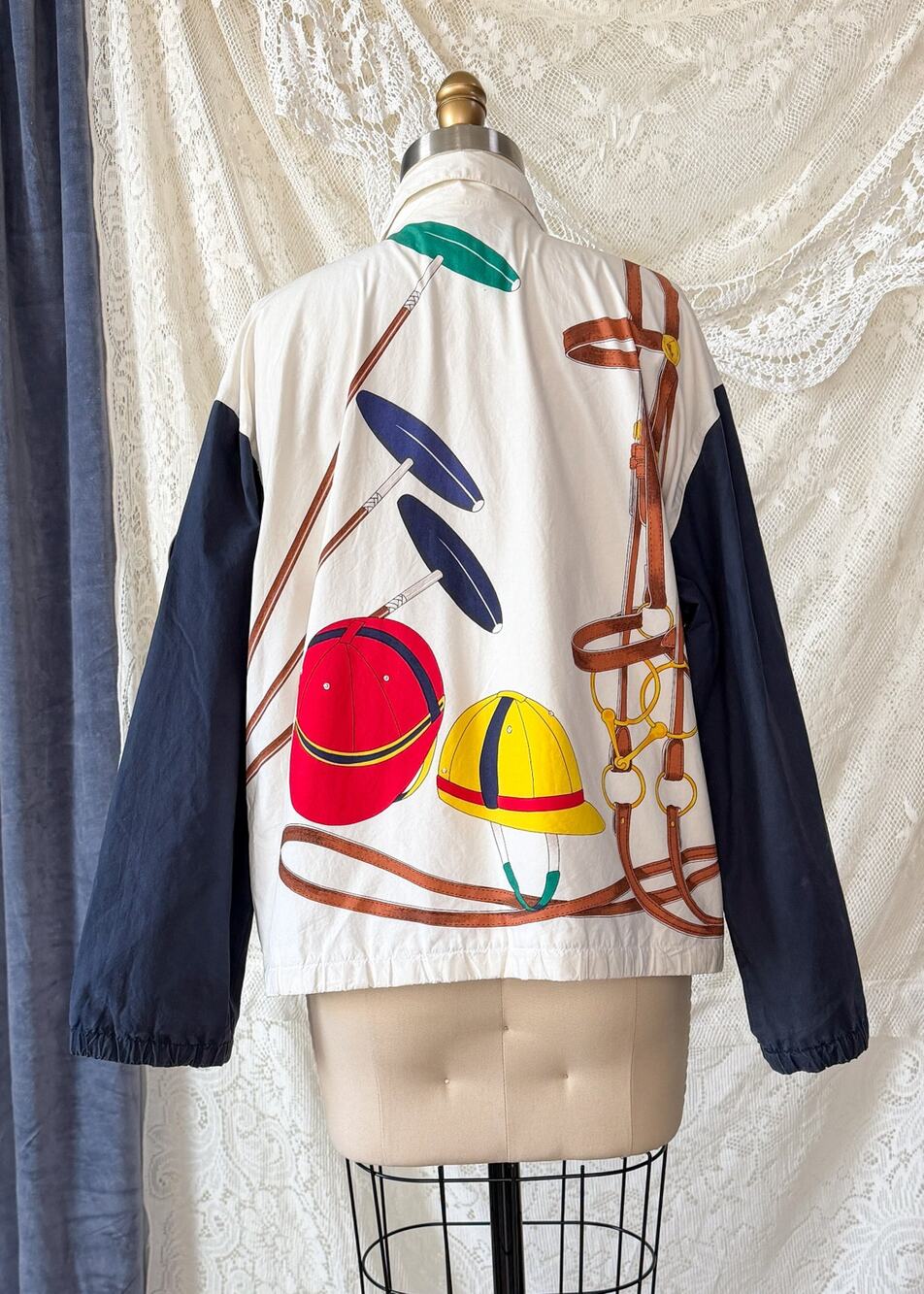 RARE 80s Ralph Lauren Equestrian Jacket White Navy Polo Horse Tack Print Graphic